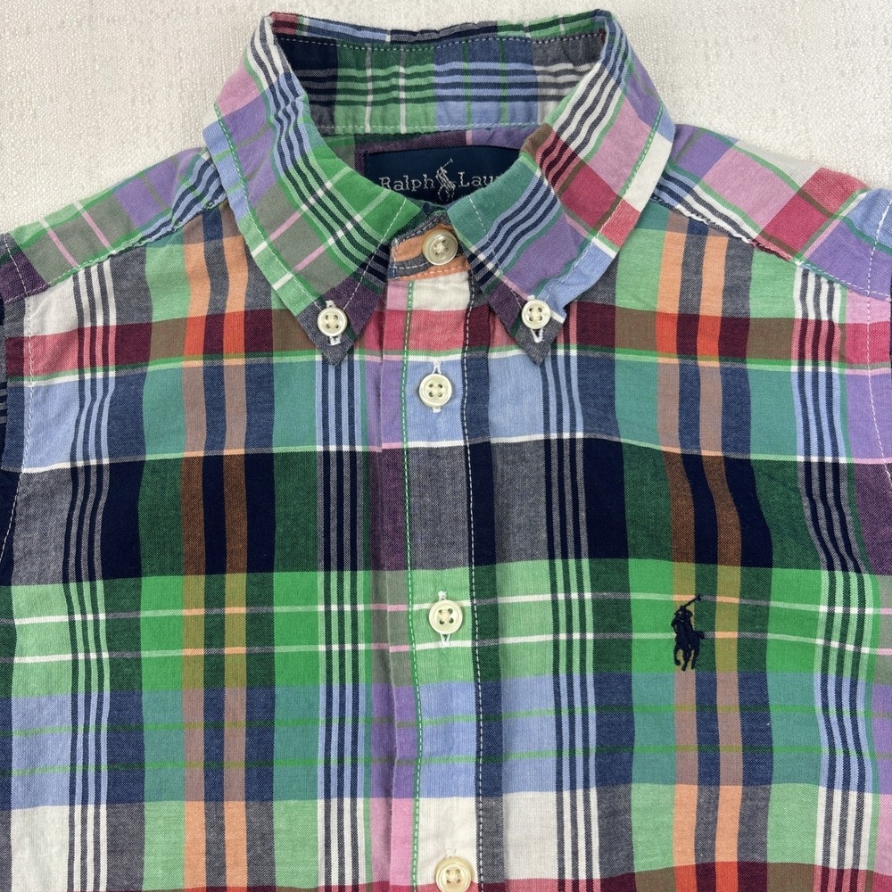 Ralph Lauren‎ Plaid Button Down Shirt Boys 4T Short Sleeve Preppy Old Money EUC